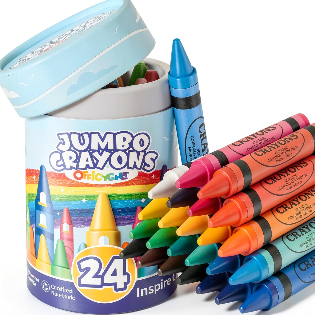 'Officygnet crayons set displayed with bright colors on white paper'