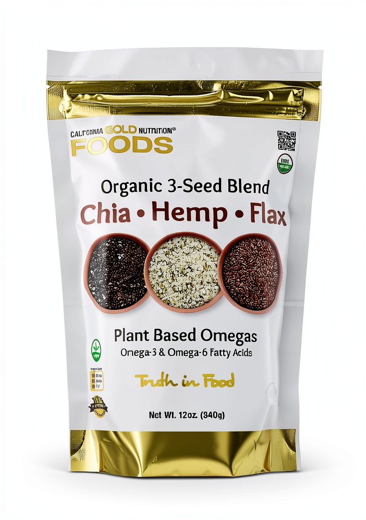 California Gold Nutrition Organic Chia Seeds blend in a bowl with yogurt and fruits