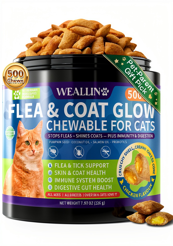 Unboxing WEALLIN Cat Flea Chews Natural Tick Protection on a kitchen counter